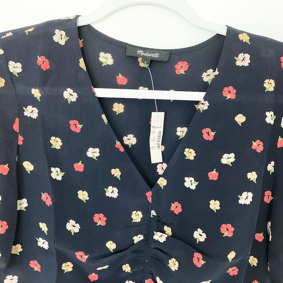 NWT Madewell Navy Blue Silk Shirred-Front Top in Confetti Floral - 4 - Picture 2 of 5